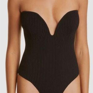 Black Strapless Ribbed Bodysuit